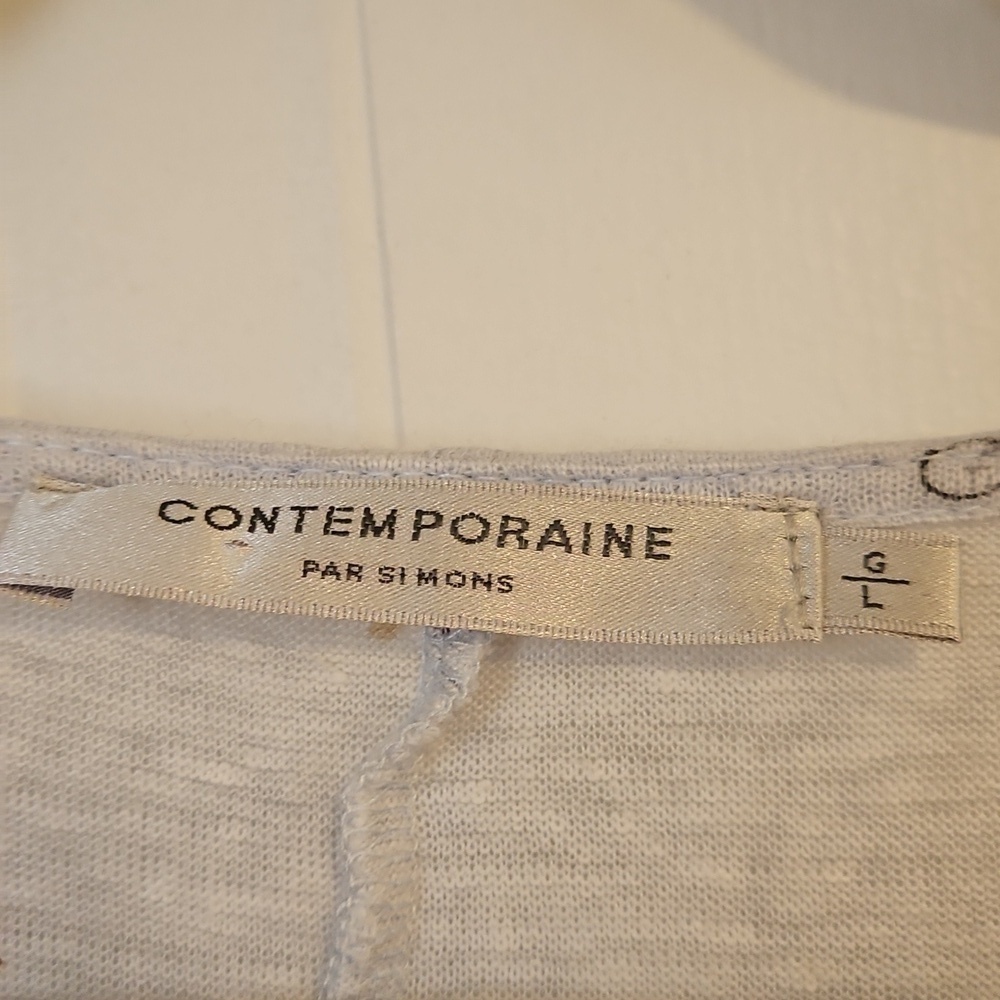 Womens Large 100% linen Graphic Tee Crew Neck Long Sleeve Shirt light blue - Picture 3 of 4